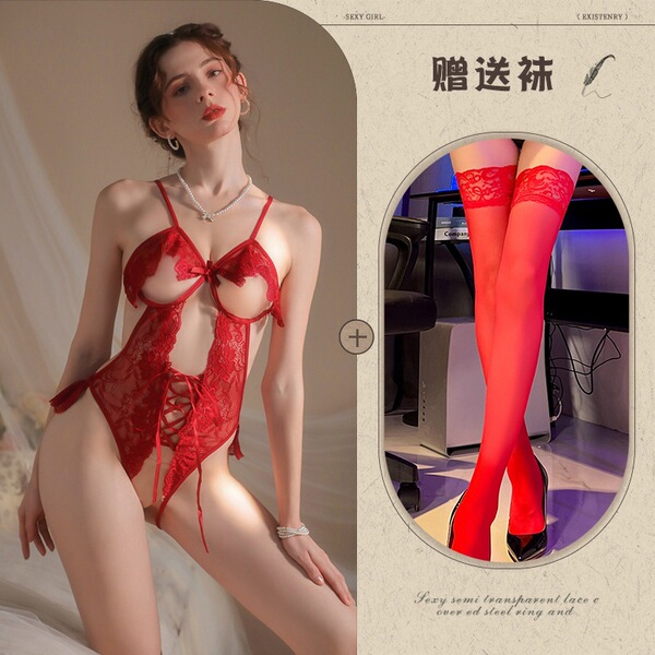 Mannyqing Sexy Lace Bodysuit for Small Bust Women - Open-Crotch Allure Sleepwear, One-Size Seductive Lingerie - Red + red stockings