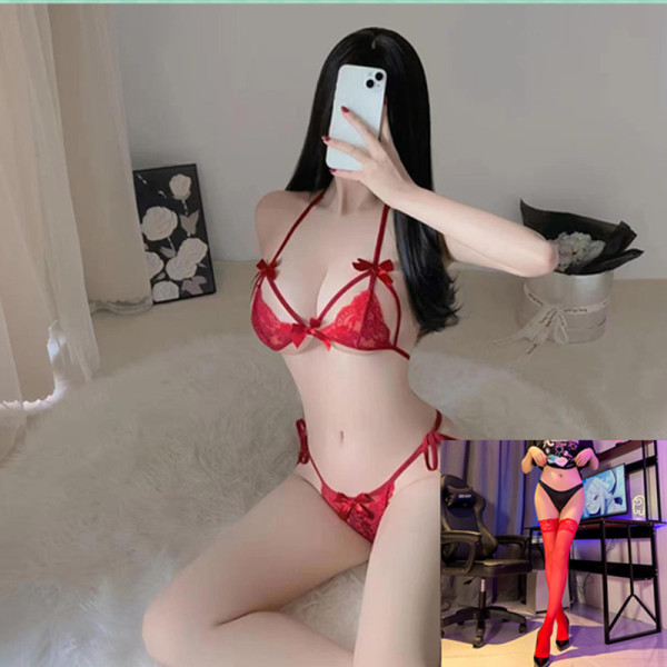 Qing Ran Sexy Lace Bra and Panty Set - Transparent Temptation Sleepwear for Women, Wholesale Available - Red + red stockings