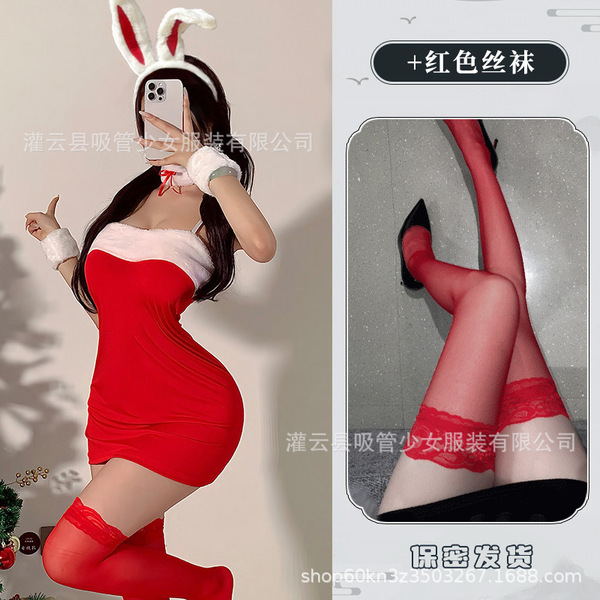 Cute Bunny Girl Costume - Sexy Christmas Outfit, Red Bodycon Mini Dress with Straw Hat & Bow - Red suit + red stockings