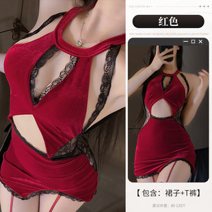 Sultry Sheer Qipao Lingerie Set – Sensual No-Remove Transparent Nightclub Outfit for Small Busts - Red suit + red stockings