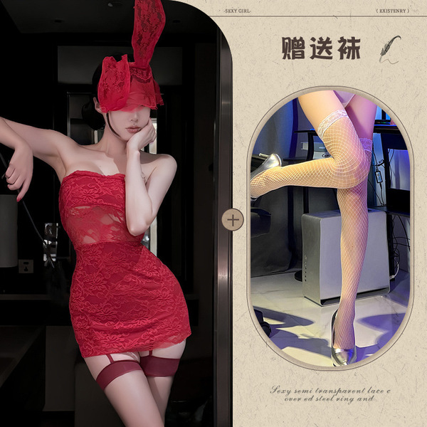 New Year Eve Lingerie Dress - Red Lace Corset Mini Dress, Sexy Bodycon Party Outfit for Women - Red + red mask + white fishnet stockings