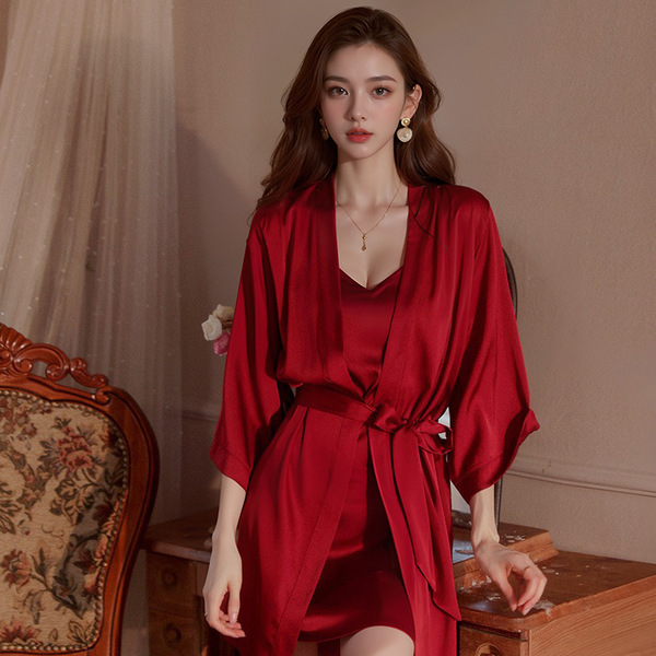 Seductive Lace Deep V-Neck Backless Sleep Dress for Women – Sexy Lingerie Sleepwear, Easy-On Bedroom Outfit - Burgundy (single outer robe)