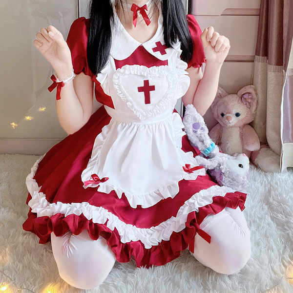 S5XL Japanese Maid Dress - Cute Anime Cosplay Costume for Women, Classic Short-Sleeve Maid Outfit - Burgundy [skirt + apron + necklace + bracelet + leggings]