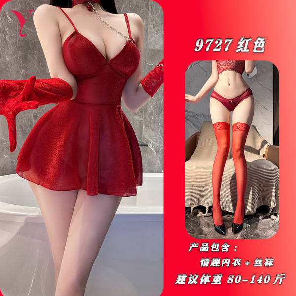 Nightse Nightse Sexy Lace Slip Dress - Shiny Clubwear Bodysuit for Small Bust, Modest Yet Alluring No-Remove Sleepwear - Red + matching stockings