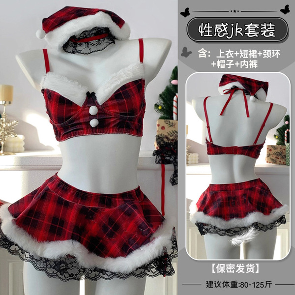 Genuine Yun Red Christmas Lingerie Set - Sexy New Year Sleepwear, Pure-Allure JK Uniform for Women - 4717 Red Outfit [Top + Skirt + Santa Hat + Necklace + Underwear]
