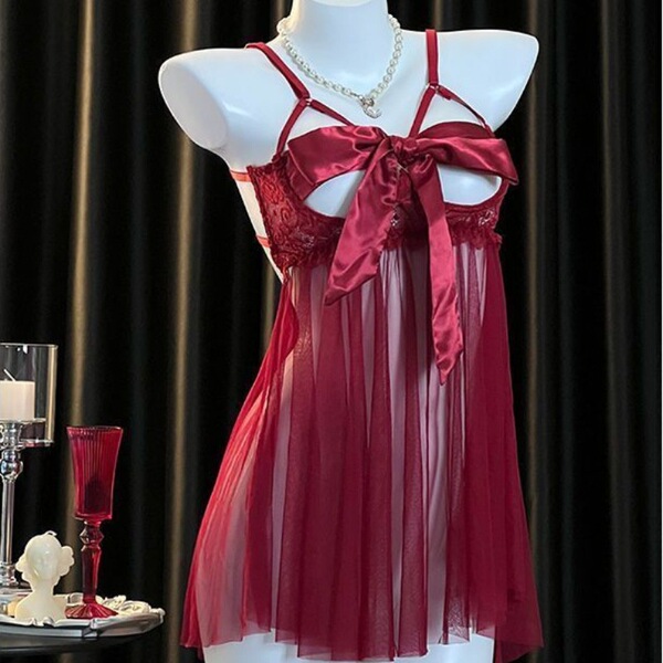 Plus Size Lace Chemise Set - Sexy Satin & Lace Sleepwear with Ties, Bedroom-Ready Outfit - Burgundy nightgown + T-shirt