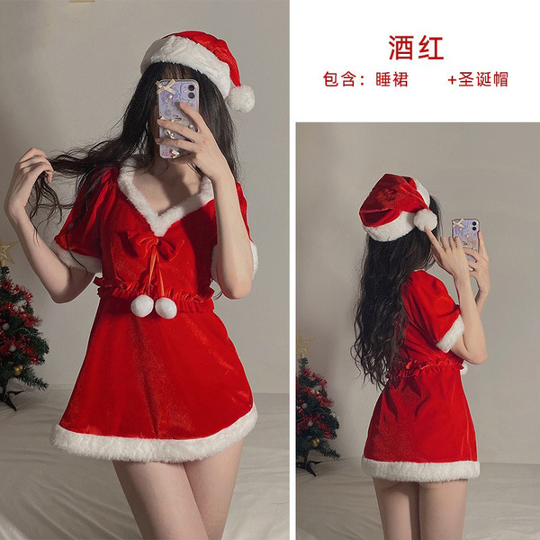 Christmas Velvet Lingerie Set - Cute Role Play Sleep Dress for New Year Date Night Outfit - Burgundy (nightgown + hat)