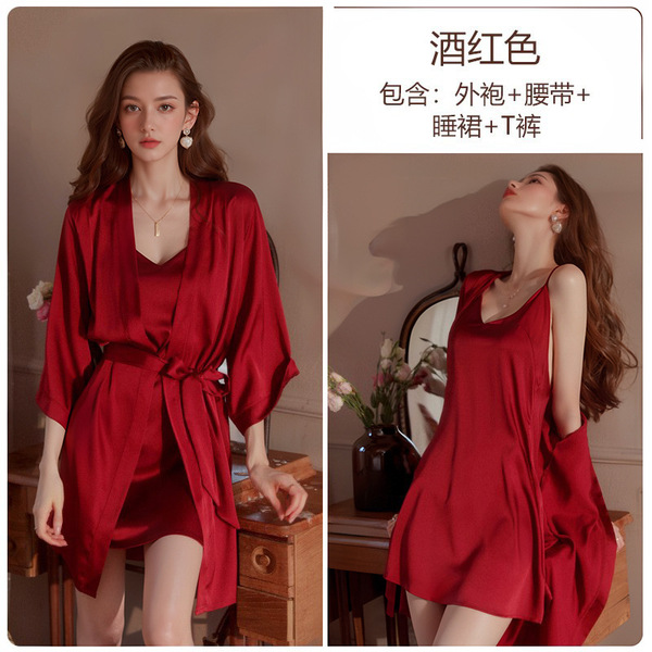 Seductive Lace Deep V-Neck Backless Sleep Dress for Women – Sexy Lingerie Sleepwear, Easy-On Bedroom Outfit - Burgundy (nightgown + thong + robe + belt)