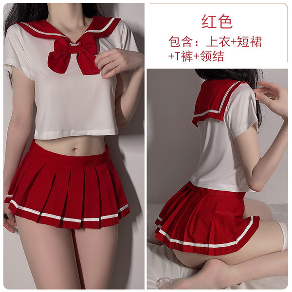 Sexy Innocent Schoolgirl Lingerie Set - Pleated Mini Skirt Costume Outfit for Role Play & Cosplay - Red [socks not included]