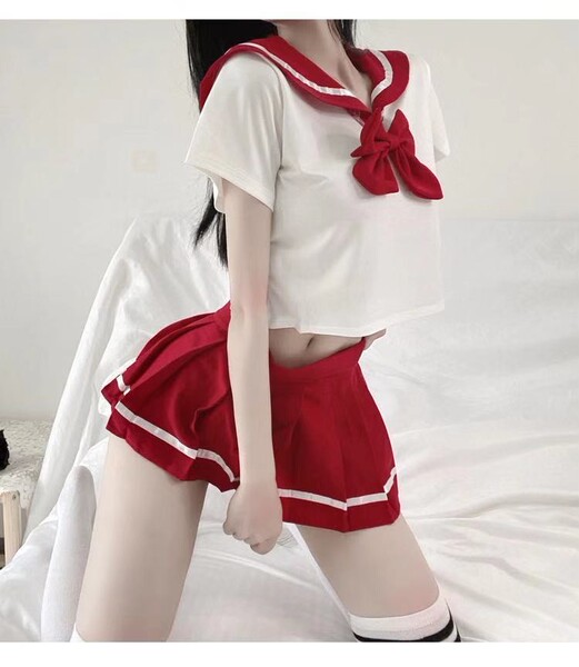 Sexy Sailor Schoolgirl Lingerie Set - Open-Crotch Costume for Nightclub & Couples Play - Red (socks not included)