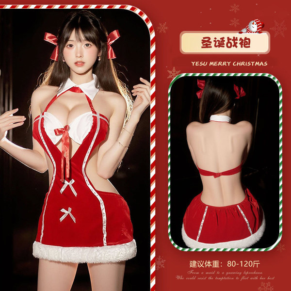 Christmas Velvet Lingerie Nightgown - Sexy Pure & Tempting Role Play Costume for New Year's Eve & Holiday Parties - Red (socks not included)
