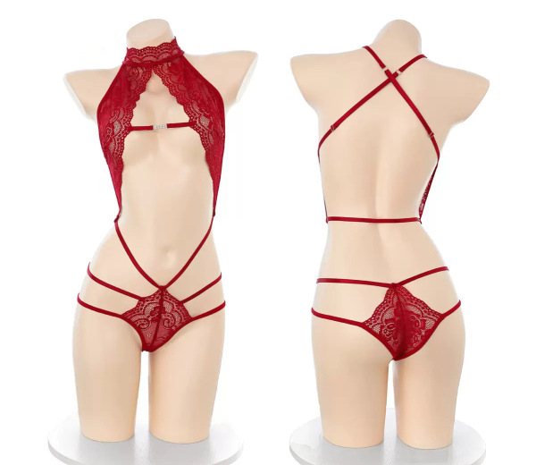 Sexy Nightclub Halter Backless Lace Bodysuit - Cozy Pure-Flirty Lingerie & Sleepwear Set - Red (socks not included)