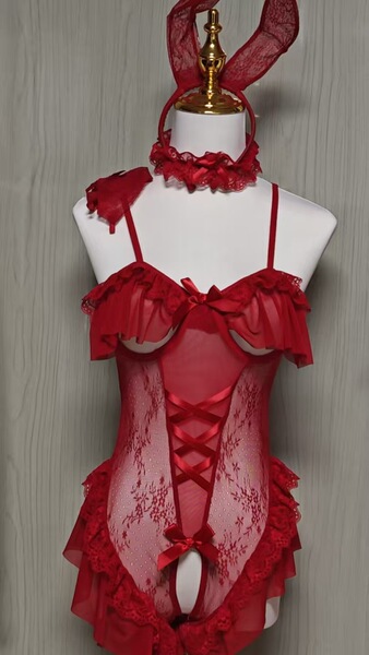 Pure & Tempting Lingerie Set - Modest Yet Sexy Bunny Girl Costume Sleepwear with Open-Crotch Design - Red (socks not included)