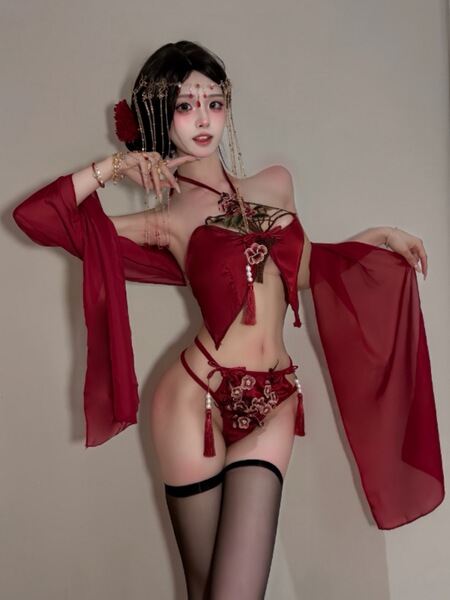 Classical Chinese Doudou Lingerie Set - Embroidered Lace Bodice with Tassels & Sheer Mesh Wrap - Burgundy suit + eye mask
