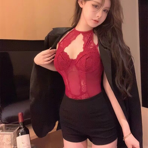 Pure & Flirty Lace Halter Top - Sexy Short Bodysuit for Layering, Slim-Fit Sensual Lingerie - Red bodysuit + red stockings