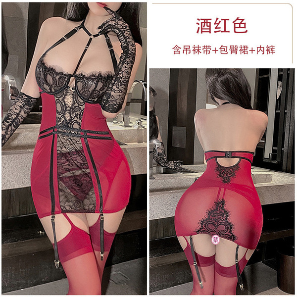 QQNY Pure Allure Lingerie Set – Sensual Sleepwear for Women, Elegant & Flirty Nightwear Collection - Burgundy suit + red stockings