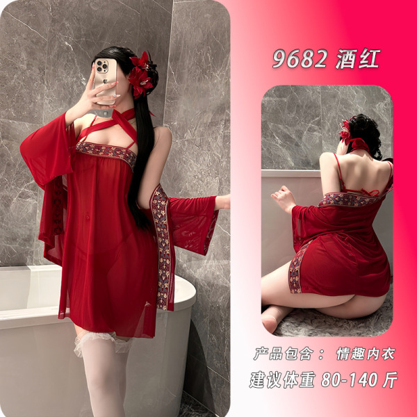 Feiniao Moon-Gazing Hanfu Lingerie Set - Red Silk Doudou, Sheer Sensual Sleepwear with Oriental Elegance - Burgundy suit + matching stockings
