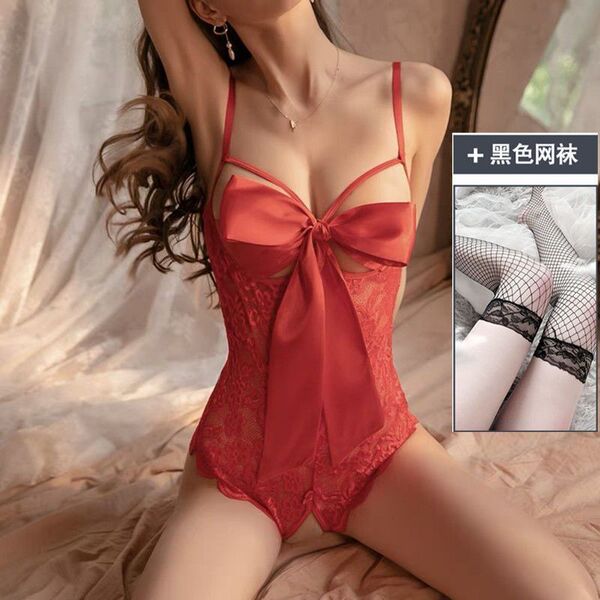 Seductive Lace Cami Sleepwear for Women – Sexy Open-Crotch Adjustable Strap Nightdress with Lift Effect - Open-crotch top (red) - fishnet stockings included