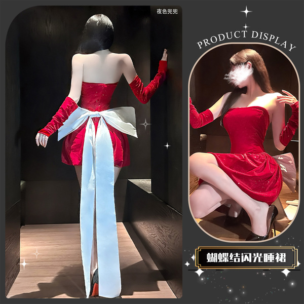 Sexy Off-Shoulder Bow Dress - Pure & Tempting New Year Uniform Style Sparkle Mini Dress, Princess-Inspired Lingerie Dres - Red [Travel Dress]