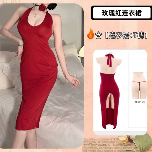 Yilanfang New Bride Cheongsam Lingerie Dress - Deep V Neck Halter Erotic Nightwear Set for Romantic Bedroom Moments - Red with a thick waist chain