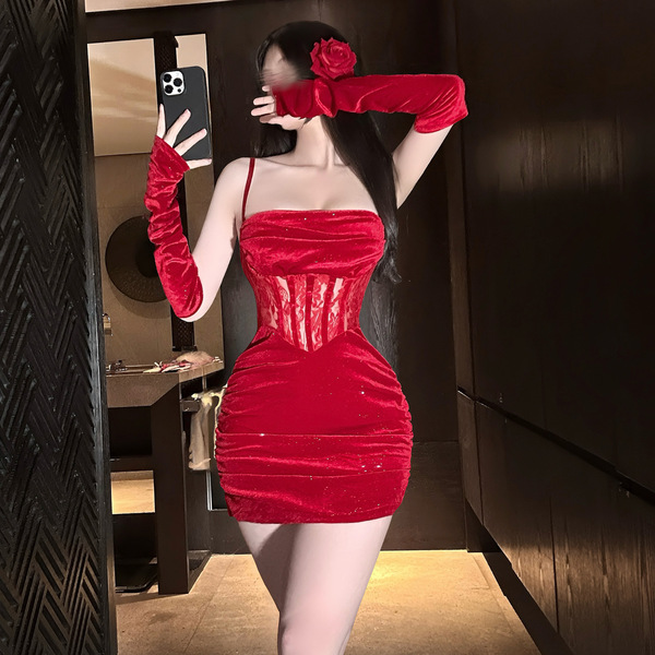 Red velvet lace bodycon mini dress - sheer sexy holiday party dress with thin straps & sparkle detail