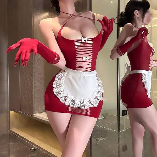 Purple Temptation Sheer Maid Costume Set – Revealing Thigh-High Mesh Lingerie with Peek-a-Boo Bust & Cheeky Cutout Desig - Red [mesh top + apron + gloves]