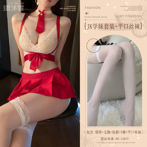 Japanese Schoolgirl Lingerie Set - Cute Pure & Tempting Sailor Uniform Costume for Small Bust - Red (tie + bra + skirt + thong + boxer stockings)