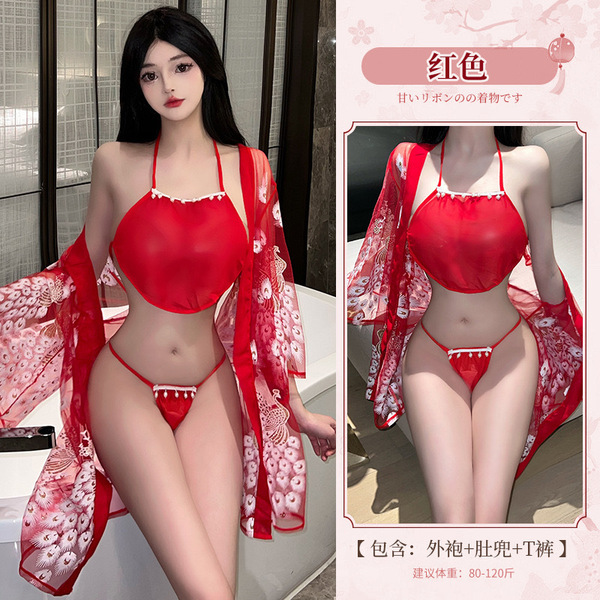 Mannyqing Japanese Kimono Lingerie Set - Sheer Mesh Yukata Sleepwear, Vintage-Inspired Seductive No-Remove Nightwear - Red suit + white open-crotch socks