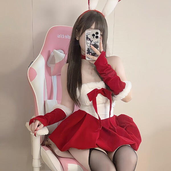 Sexy Christmas Sweet-Spicy Bralette Set with Red Santa Hat & Bow Neckline Lingerie Outfit - Red suit + white lace stockings