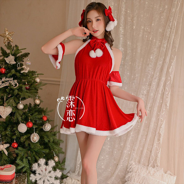Misty Romance Christmas Lingerie Set - Sexy Plus Size Holiday Costume Dress for Women, Naughty New Year Outfit - Red suit + white-trimmed white stockings