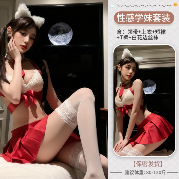 Sexy Short Pleated JK Uniform Set with Bells - Premium Adult Costume for Women - Red and white lace stockings