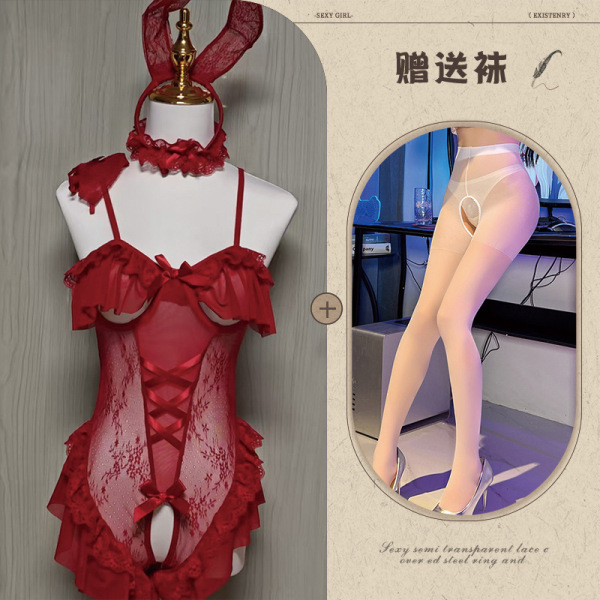 Pure & Tempting Lingerie Set - Modest Yet Sexy Bunny Girl Costume Sleepwear with Open-Crotch Design - Burgundy + White Open Crotch Socks