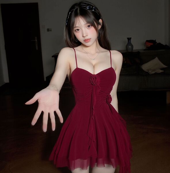 Mannyqing Lingerie Dress - Pure Temptation Halter Neck Mesh Slip Dress, Sexy Low-Cut Sleepwear for Women - Burgundy and white open-crotch socks