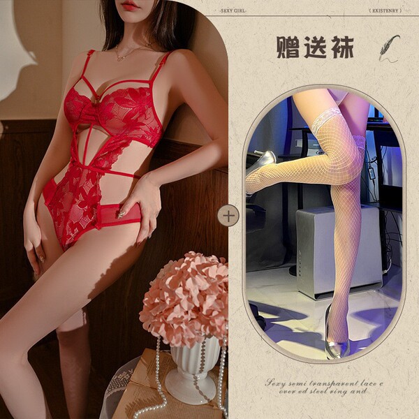 Sexy Lace Bodysuit for Women - Sheer Temptation, Push-Up, Open-Crotch Design, Alluring Lingerie Set - Red and white fishnet stockings