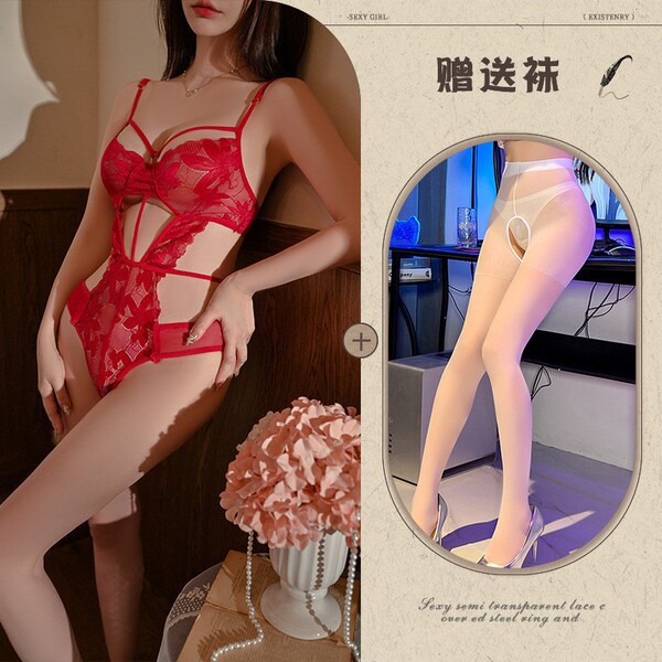 Sexy Lace Bodysuit for Women - Sheer Temptation, Push-Up, Open-Crotch Design, Alluring Lingerie Set - Red and white open-crotch socks