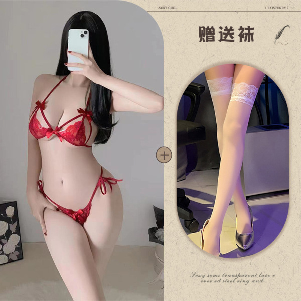 Qing Ran Sexy Lace Bra and Panty Set - Transparent Temptation Sleepwear for Women, Wholesale Available - Red and white stockings