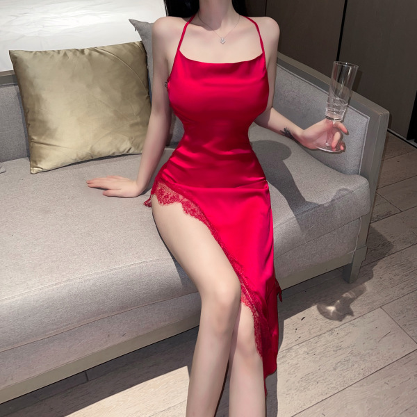 EruRu Factory Direct Busty Busty Elegant Lace Backless Split Dress - Seductive Party & Cosplay Outfit - Red and white stockings