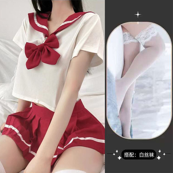 Sexy Student-Style Lingerie Set - Cute JK Uniform Short Skirt Outfit for Women - Red and white stockings