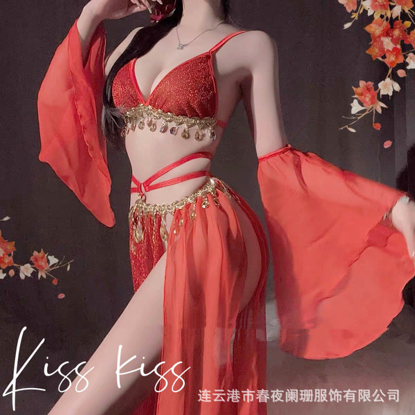 Exotic Princess Vintage-Inspired Lingerie Set – Chinese-Style Belly Dance Bodice & Lace Dress Ensemble - Red and white stockings