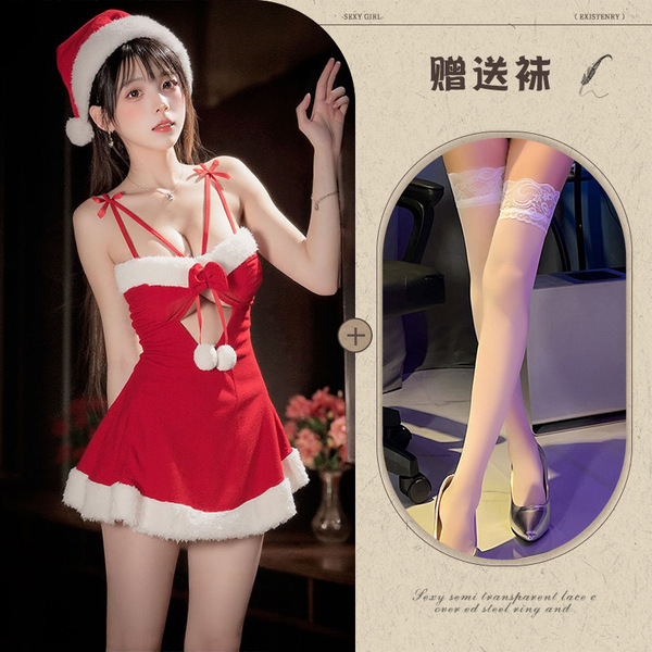 Pure & Tempting Christmas Lingerie Set - Sexy Santa-Themed Sleep Dress for Holiday Cosplay & Date Nights - Red and white stockings