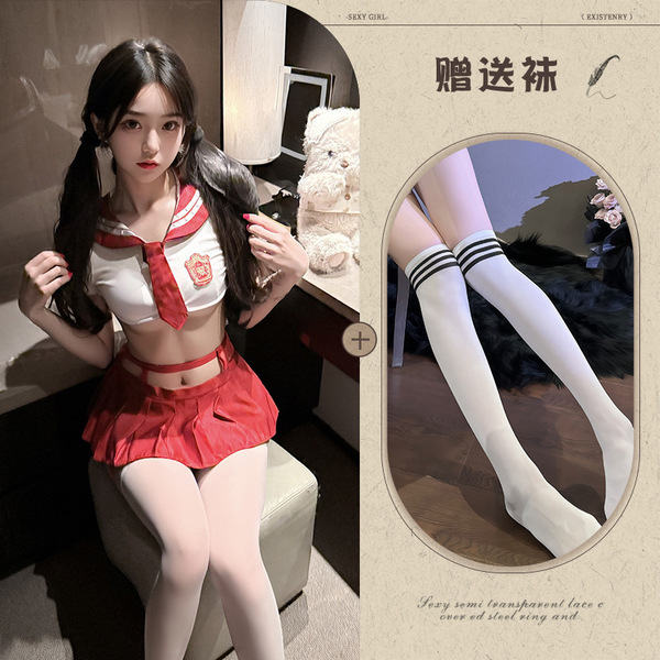 Pure & Tempting JK Uniform Set - Sailor Style Skirt Outfit for Cosplay, Role Play & Lingerie - Red and white outfit + white socks with black stripes