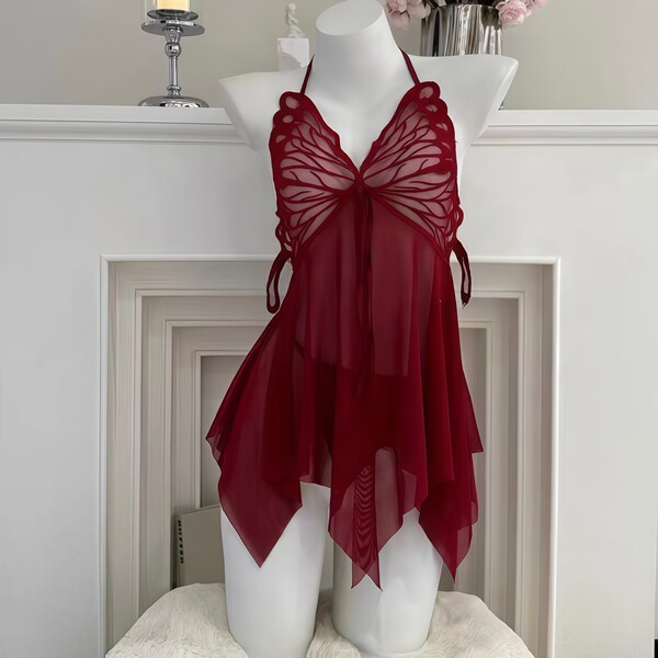 Sexy Backless Lace Sleep Dress with Butterfly Neck Strap - Sheer Mesh Lingerie Set for Women - Claret