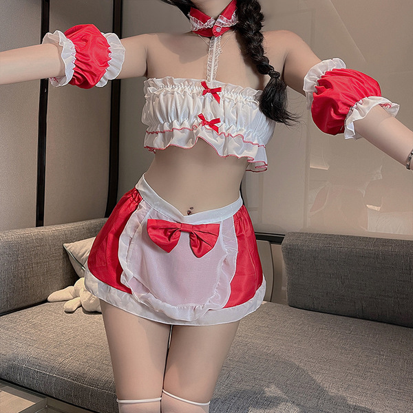 Red new year bunny maid costume set - sexy cosplay outfit with white bralette, red apron, and sexy lingerie for women.