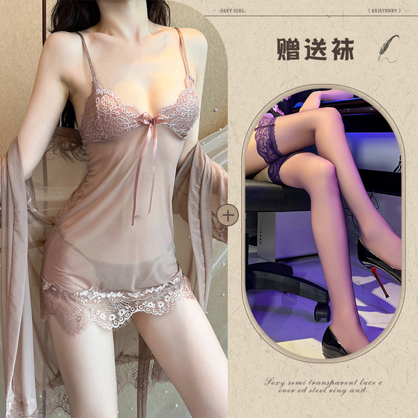Qingran European and American Style Lace Lingerie Set - Sexy Sheer Babydoll Dress & Thong 3-Piece Plus Size Outfit - Red bean paste + black stockings