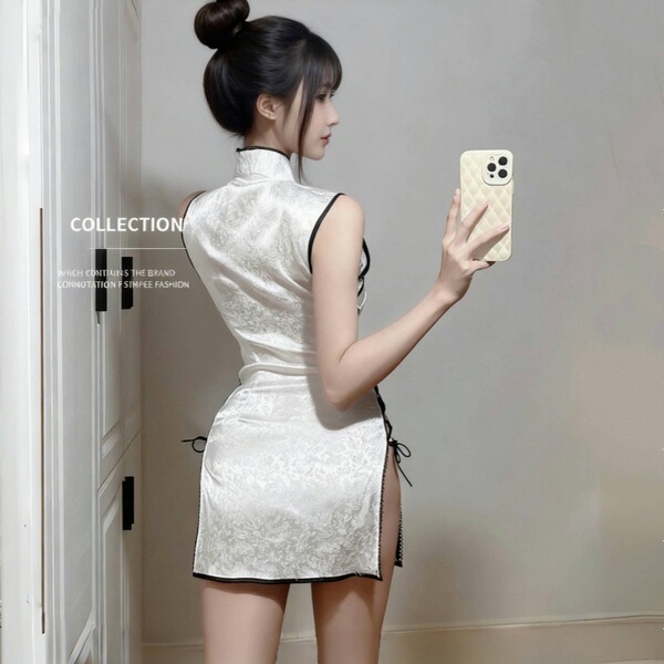 Retro chinese qipao lingerie set - sexy high-slit, lace-up, sheer bodysuit sleepwear for women