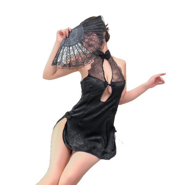 Sexy retro lace cheongsam lingerie with sheer mesh backless design, elegant vintage erotic outfit, one-piece costume.