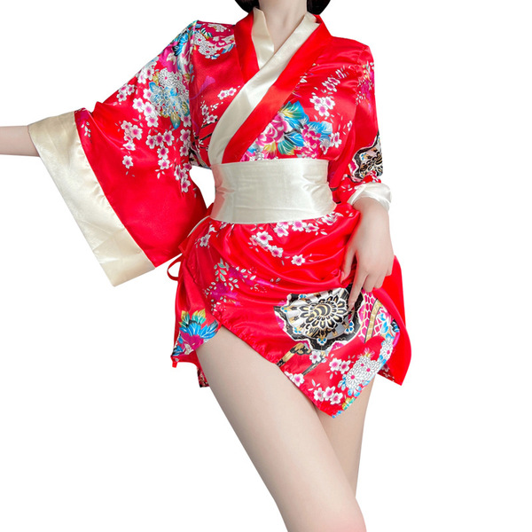 Rinlinx japanese kimono lingerie set - vibrant red kimono with floral patterns, perfect for playful role play outfits for wom...