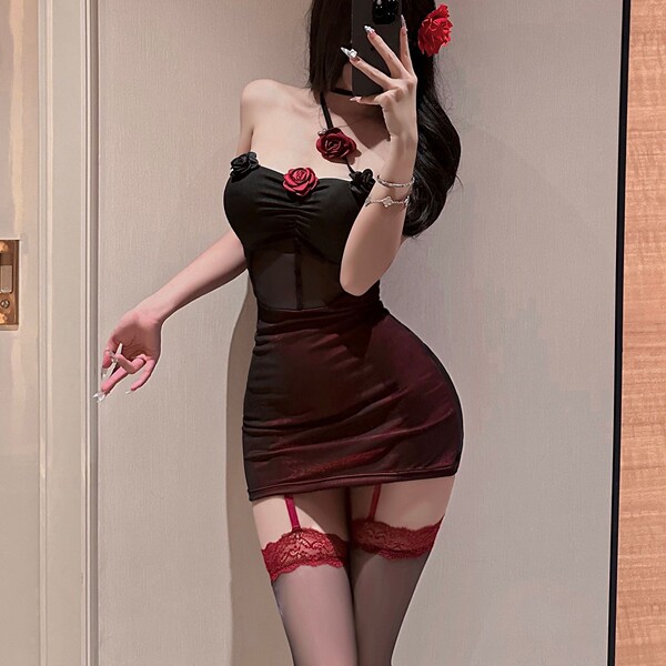 Sexy Lace Bodysuit with Built-in Pads - New Year Party Wear, Sheer Mesh Nightclub Outfit for Women - Rose-print bodycon skirt + black fishnet stockings