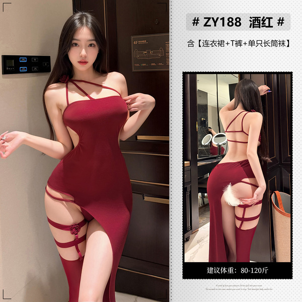 Feimu Sexy Lace Rose One-Shoulder Backless Bodycon Nightdress - Floral Mesh Trim Sleepwear ZY188 - 6942508605223◆Scarlet Rose◆Wine Red【Dress + T-shirt + Single Thigh-High Stocking】