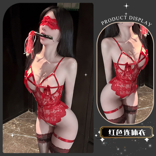 Chaomu Sensual Lingerie for Women – Pure-Yet-Alluring Lace Erotic Set with Sheer Stockings & Insertable Design - Soft Piano Enjoy*Red